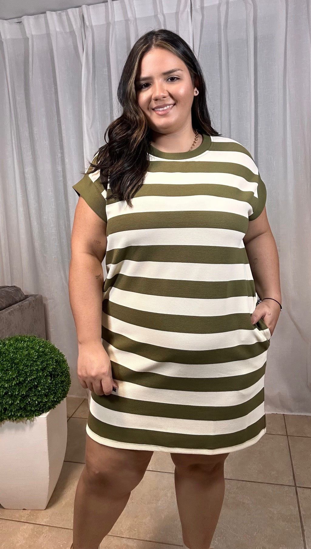 Olive Stripes Casual Mini Dress