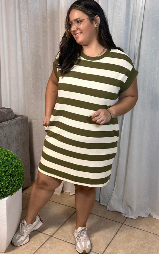 Olive Stripes Casual Mini Dress